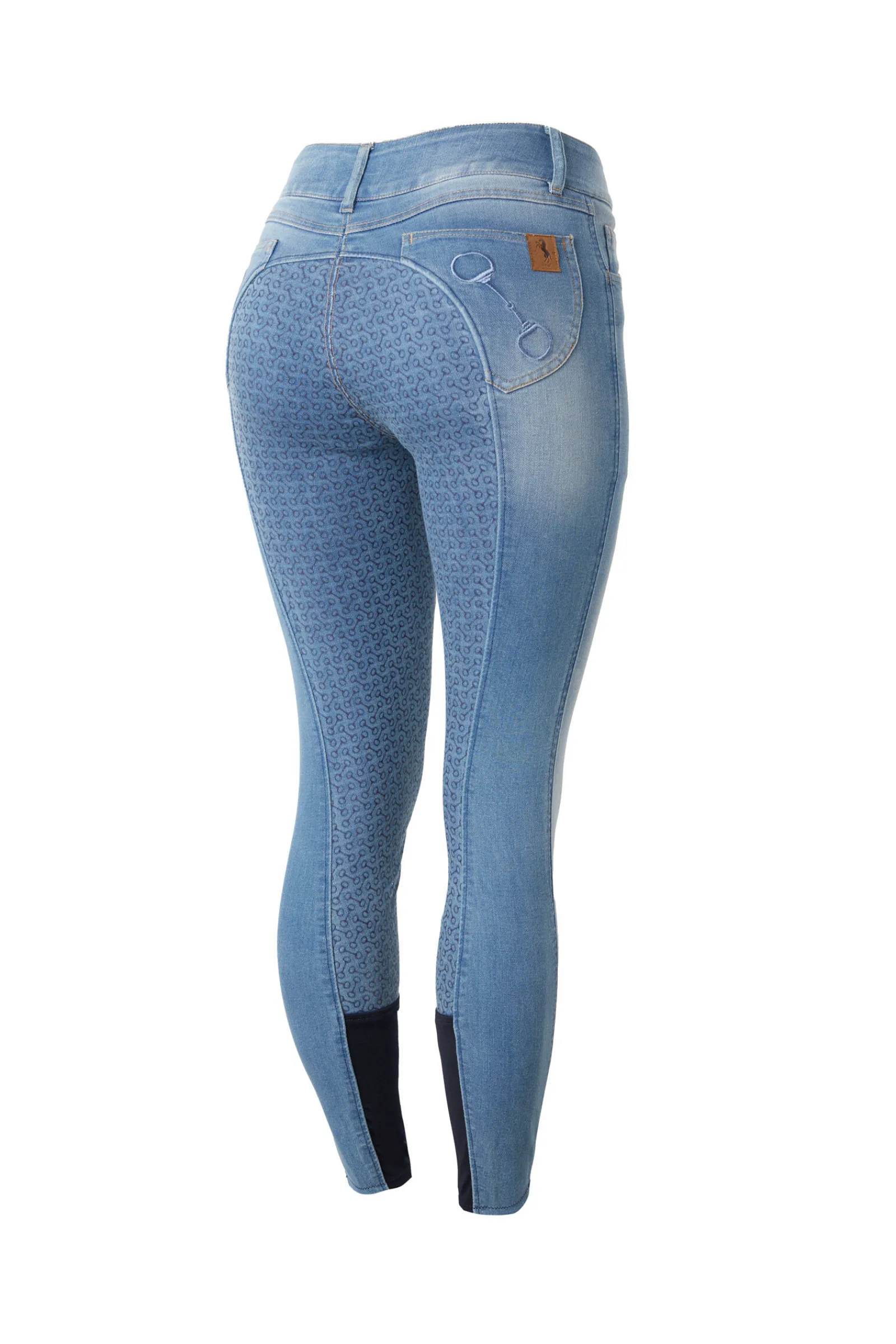 New Kaia denim-ridebukser, høyt liv og helforsterket med silikon, dame Helforsterkede Ridebukser