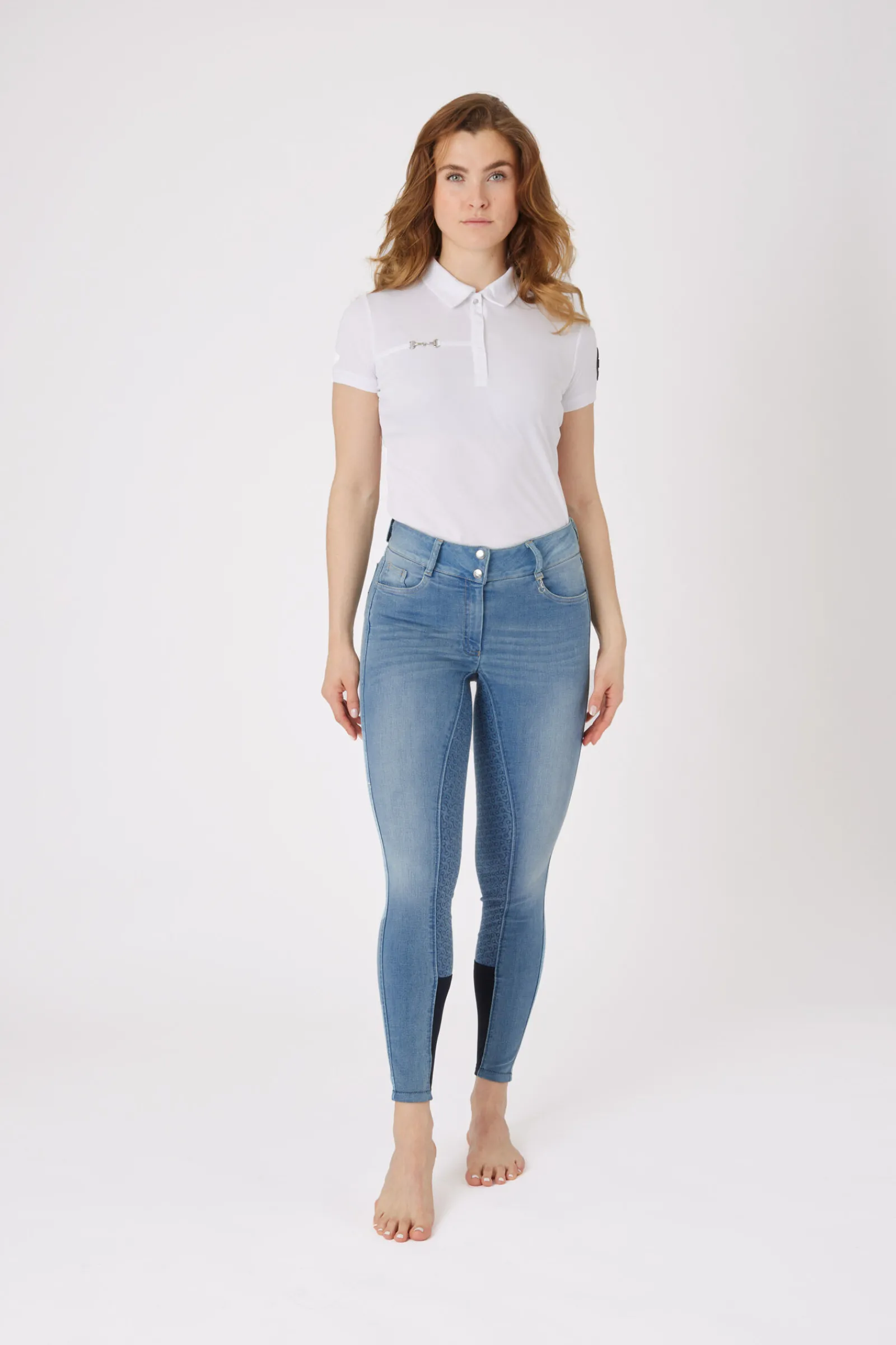 New Kaia denim-ridebukser, høyt liv og helforsterket med silikon, dame Helforsterkede Ridebukser