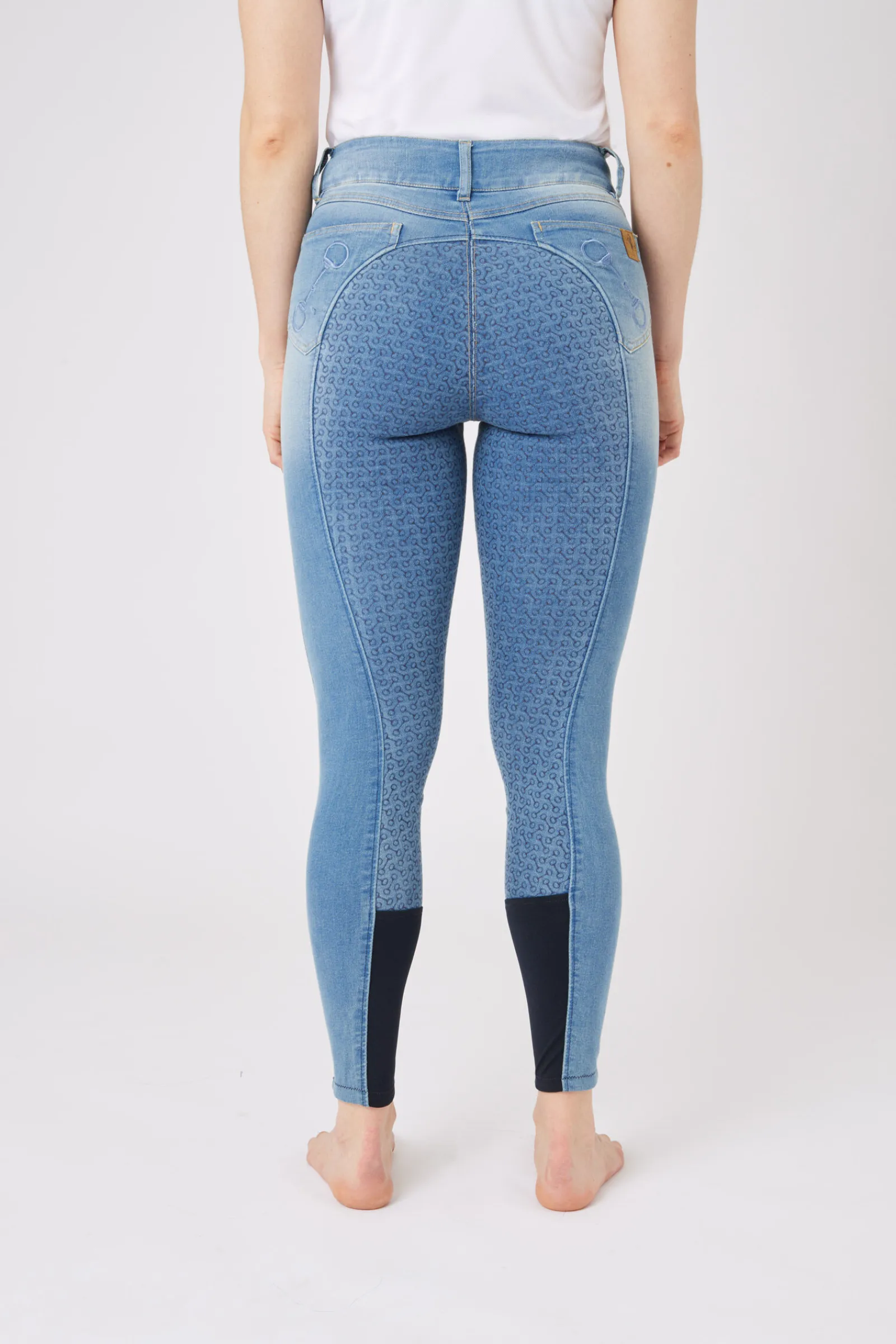 New Kaia denim-ridebukser, høyt liv og helforsterket med silikon, dame Helforsterkede Ridebukser