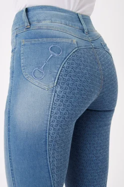 New Kaia denim-ridebukser, høyt liv og helforsterket med silikon, dame Helforsterkede Ridebukser