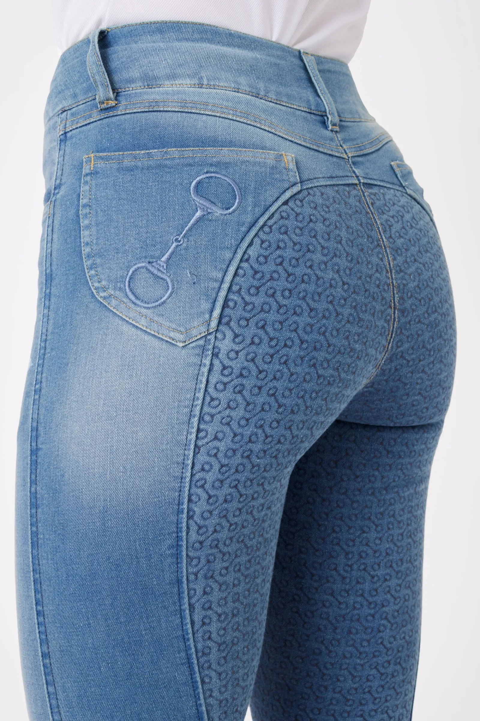 New Kaia denim-ridebukser, høyt liv og helforsterket med silikon, dame Helforsterkede Ridebukser
